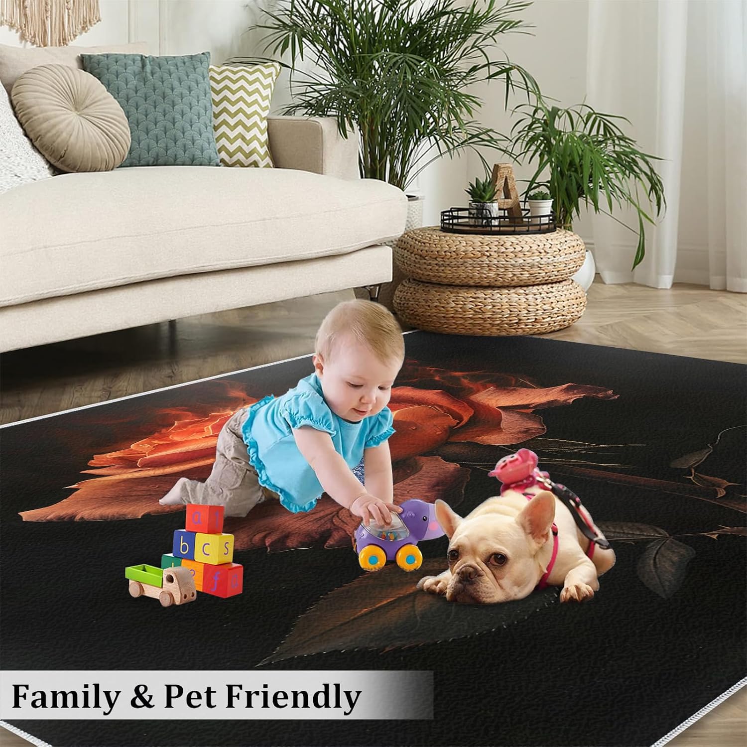Area Rug 6x8ft, Red Rose Rugs, Simple Black Area Rug, Upholstery Carpet with Non-Slip Backing, Soft Washable Rug for Living Room Kids Boys Girls Bedroom Study Room