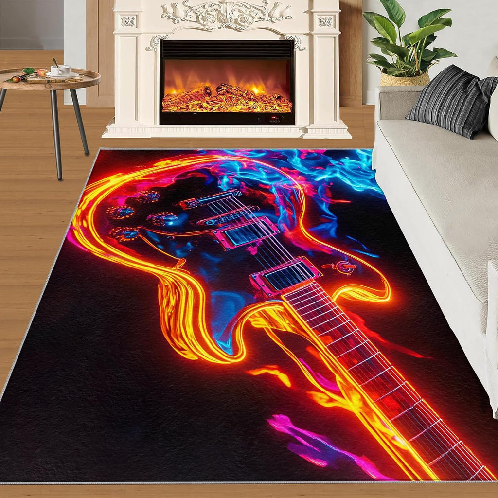 Burning Electric Guitar Rug for Bedroom 5x8 Rug Cool Instruments Rugs, Guitar Pattern Home Decor, Non Slip Washable Large Rugs, Rock Music Carpet for Boys and Girls Teen Playroom
