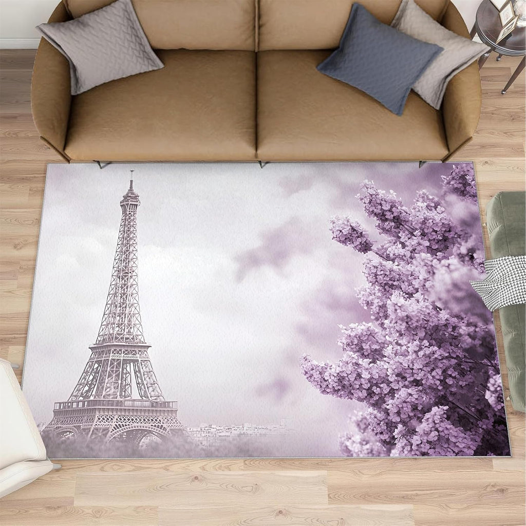 Eiffel Tower Rug 6x8, Parisian Style Rugs for Bedroom, Purple Flowers Rugs for Living Room, Washable Area Rug for Boys Girls Bedroom, Low Pile & Non Slip Carpet