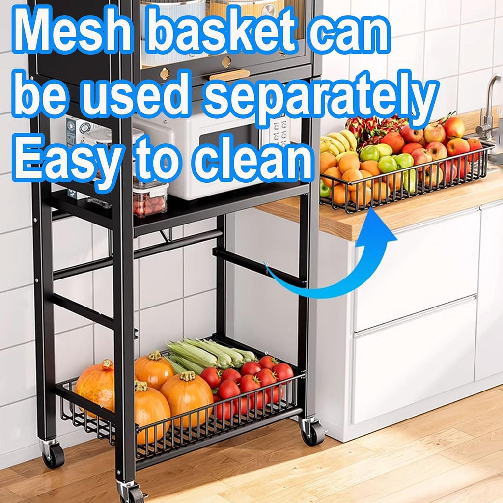 Bakers Rack with Storage Made of Carbon Steel with Pull-Out Wire Basket 5 Tier Storage Shelf Kitchen Storage Shelves with Mesh Panels for Utensils, Pots(Color:ABlack)