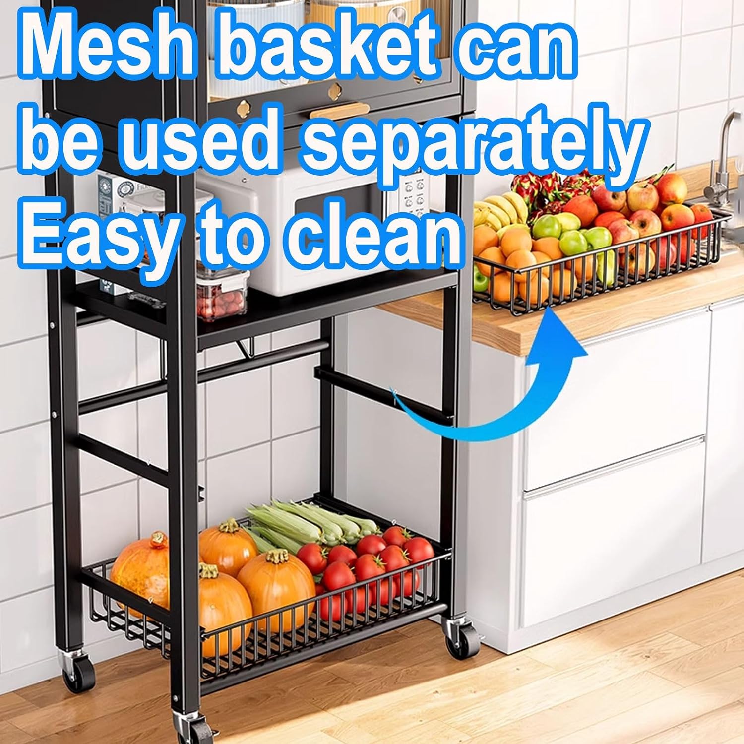 Bakers Rack with Storage Made of Carbon Steel with Pull-Out Wire Basket 5 Tier Storage Shelf Kitchen Storage Shelves with Mesh Panels for Utensils, Pots(Color:ABlack)