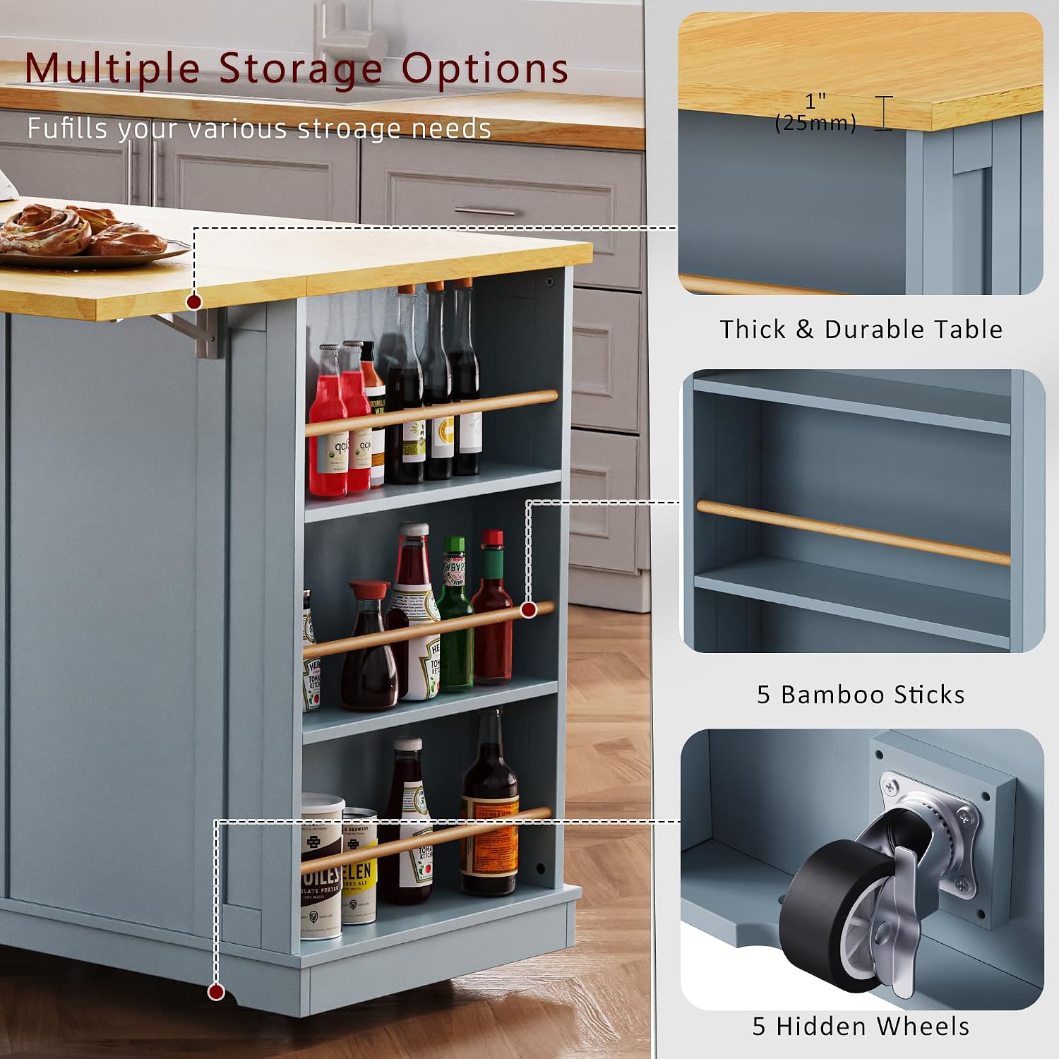 Kitchen Storage Island on Wheels with Drop Leaf & Power Outlet, Rolling Kitchen Island Cart with Open Side Racks, Door Shelves and Towel Bar, 53-Inch, Gray Blue