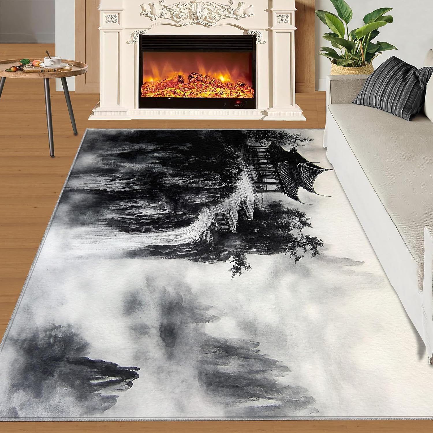 Chinese Ink Painting Area Rug 6x8 - Landscape Pavilions Large Rugs for Living Room, Traditional Carpet Area Rug for Girls Bedroom Kids Room Basement Office Classroom