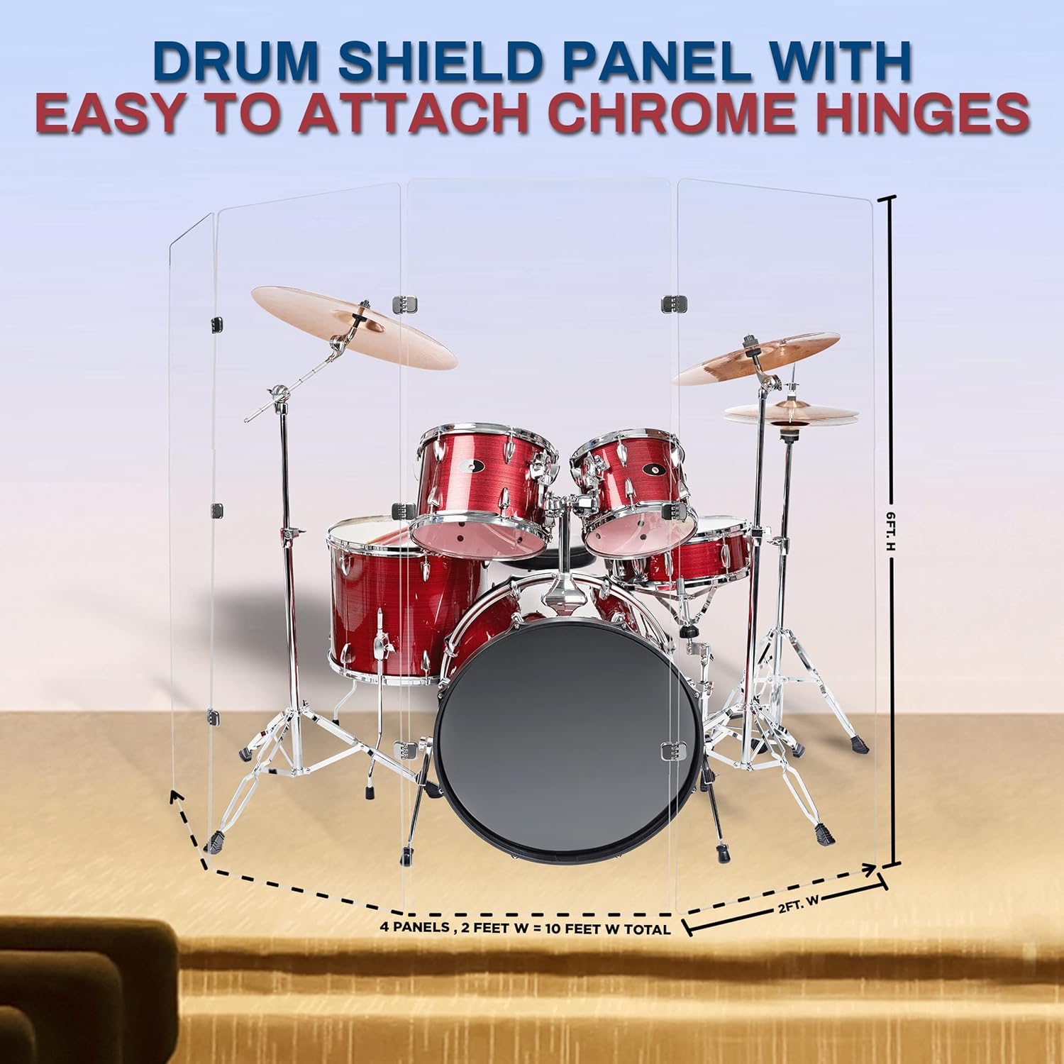 PENNZONI Drum Shield 6ft w/Chrome Hinges, Comes w/ 4 Drum Panels, & 9 Chrome Hinges, Premium Clear Acrylic Panels, Drum Screen
