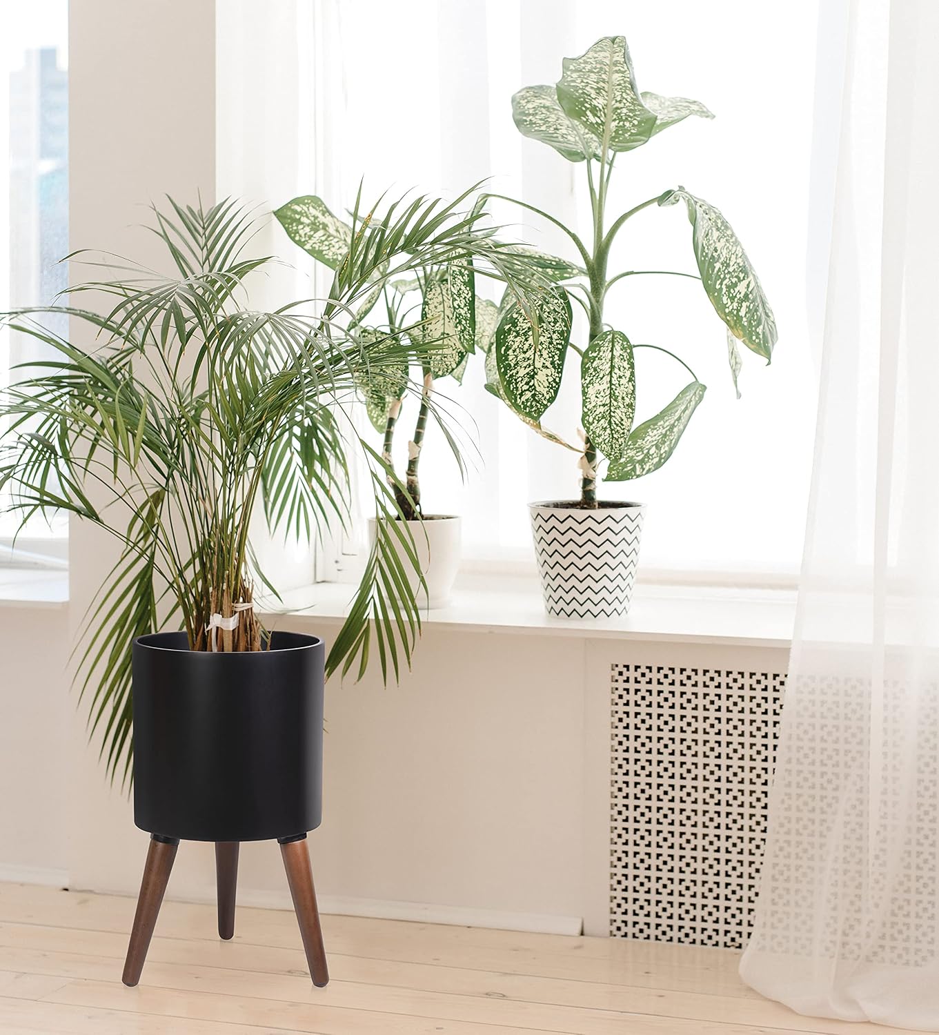 D'vine Dev 12 Inch Planter Pot with Stand, Mid-Century Tall Plant Pot with Legs for Indoor Plants, Large, Black, 88-O-C-2