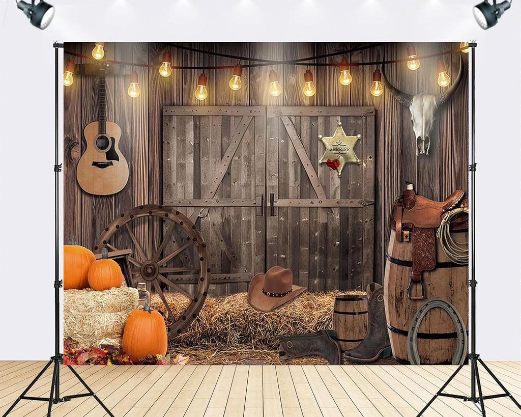 Trykid 20x10ft Western Cowboy Backdrop Wild West Wooden Barn Door Guitar Hay Bales Pumpkins Photography Boys Girls Birthday Party Decoration Banner Photoshoot Studio Props Fabric