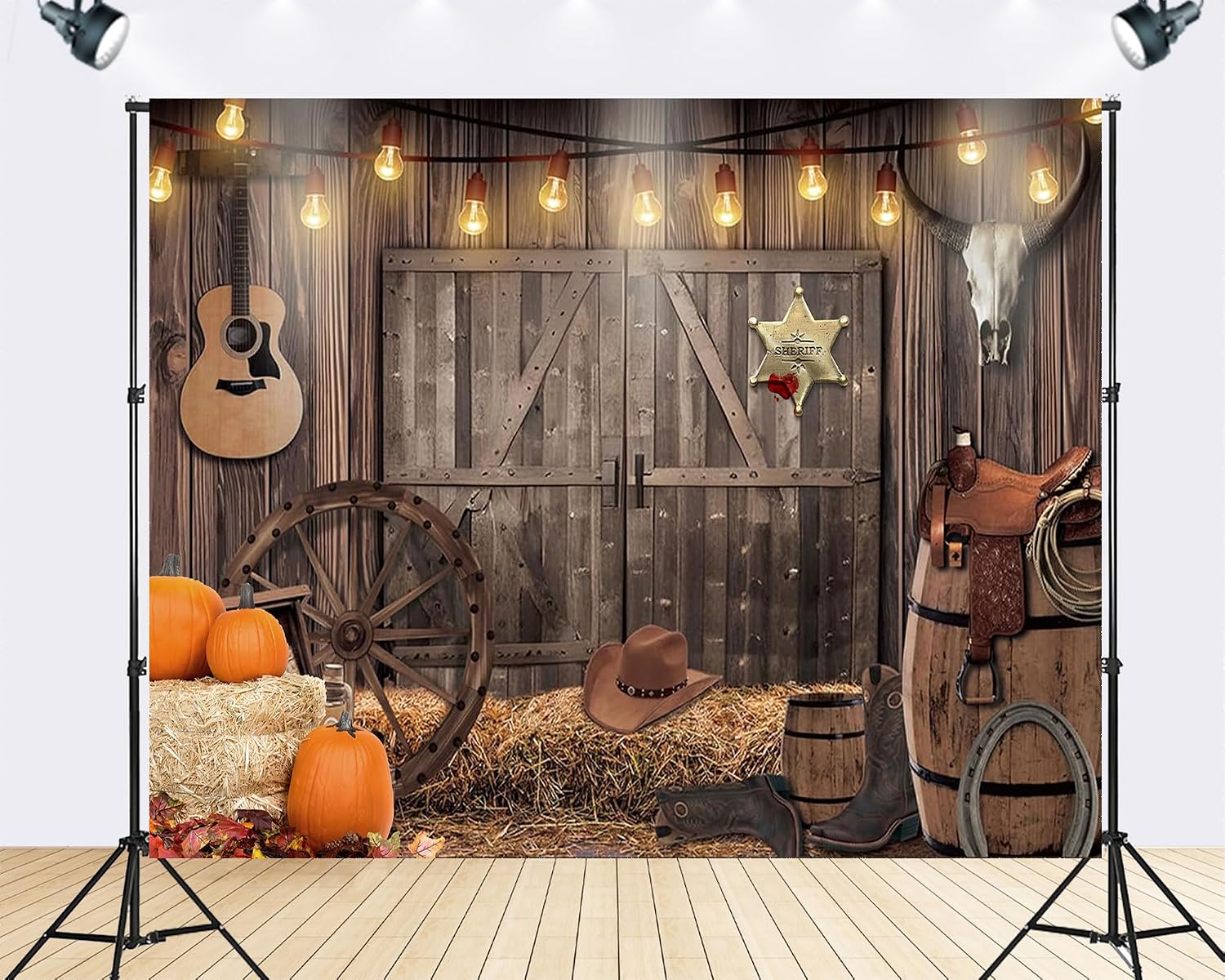 Trykid 20x10ft Western Cowboy Backdrop Wild West Wooden Barn Door Guitar Hay Bales Pumpkins Photography Boys Girls Birthday Party Decoration Banner Photoshoot Studio Props Fabric