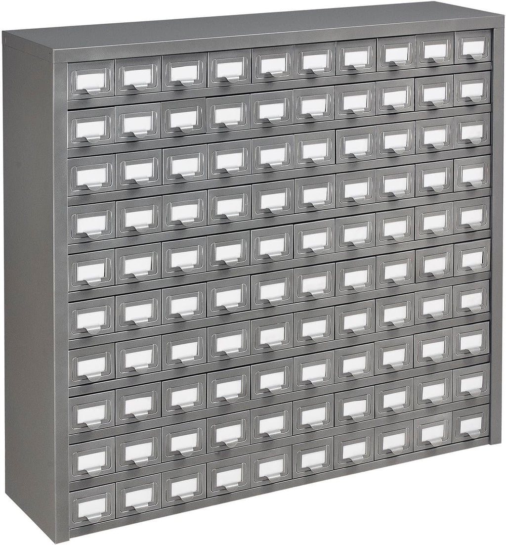 Global Industrial Storage Drawer Cabinet, 100 Drawers with Label Holder, Steel Construction, 36'W x 9'D x 34-1/2'H, Gray Enamel Finish, Small Parts Organizers