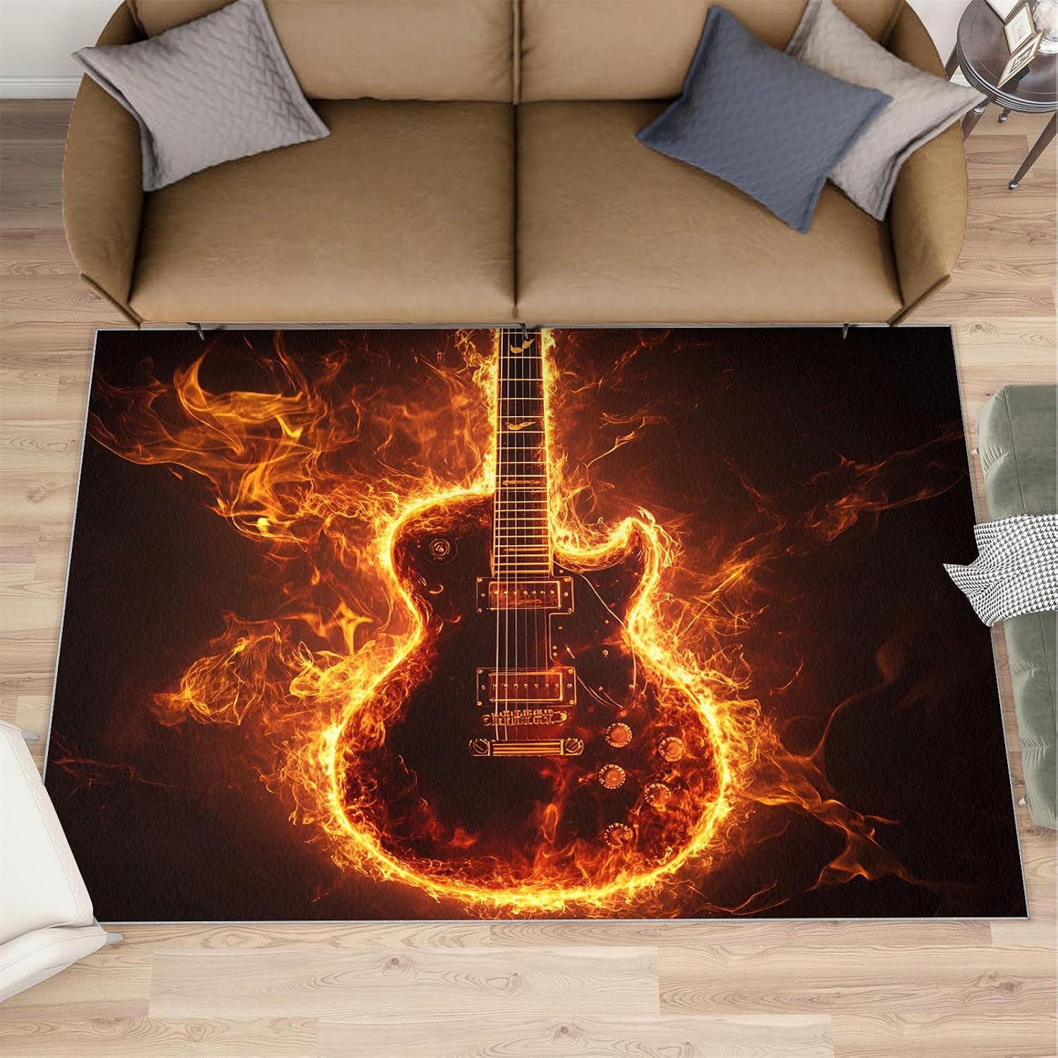 8x10 Flame Guitar Area Rugs - Rock Instrument Rugs for Living Room, Fire Effects Modern Boy Nursery Rug Soft Washable for Classroom Office Bedroom Kids Room