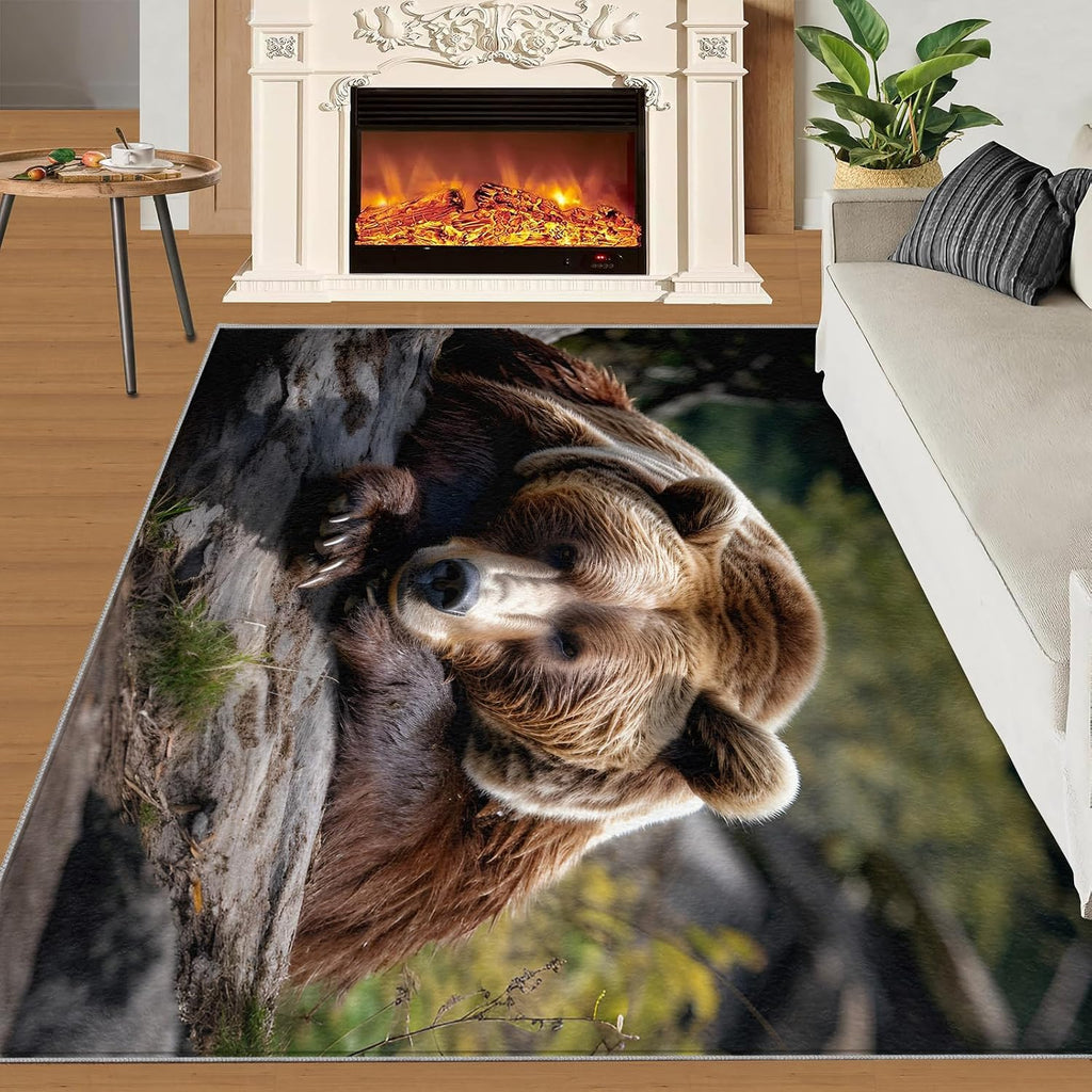 6x8 Rug Grizzly Bear Animal Wildlife Area Rugs, Forest Mountain Landscape Soft Washable Carpet, Easy Clean Rugs for Boys and Girls Nursery Bed Living Room Carpets Nursery Decor Rugs