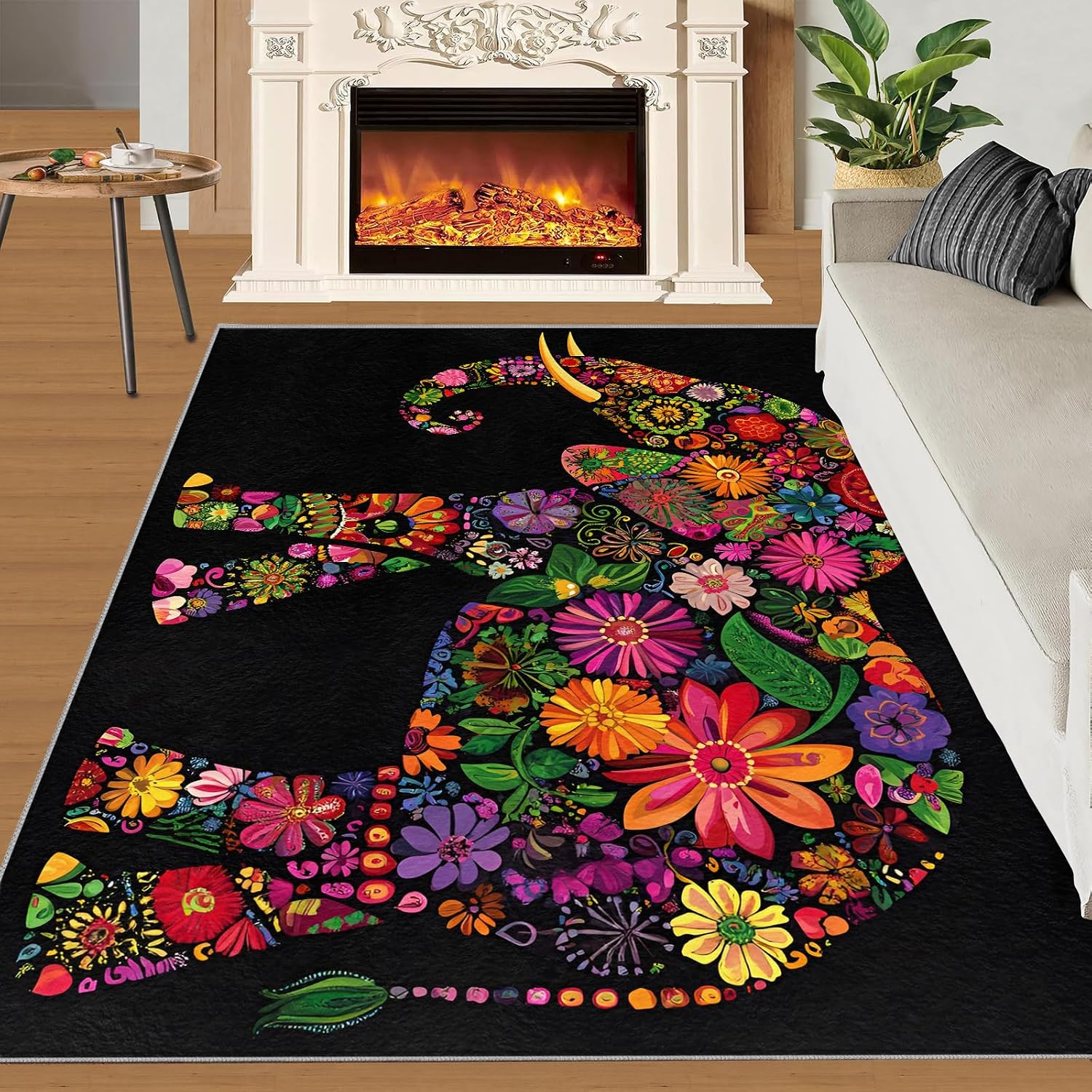 Florals Elephant Area Rug 6x8 - Flowers Elephant Large Rugs for Living Room, Creative Animals Carpet Area Rug for Girls Bedroom Kids Room Basement Office Classroom