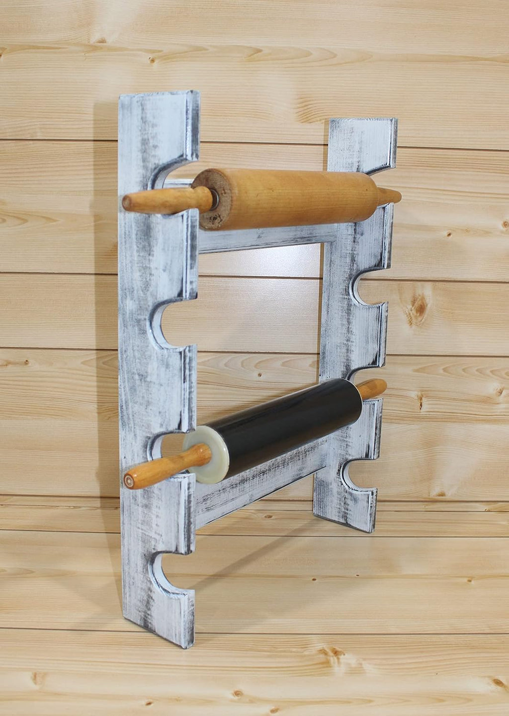 Wooden Rolling Pin Display Rack – Holds 4 Rolling Pins – Wall Mounted Storage for Bakers & Collectors – Antique White Color – Shabby Chic White & Black