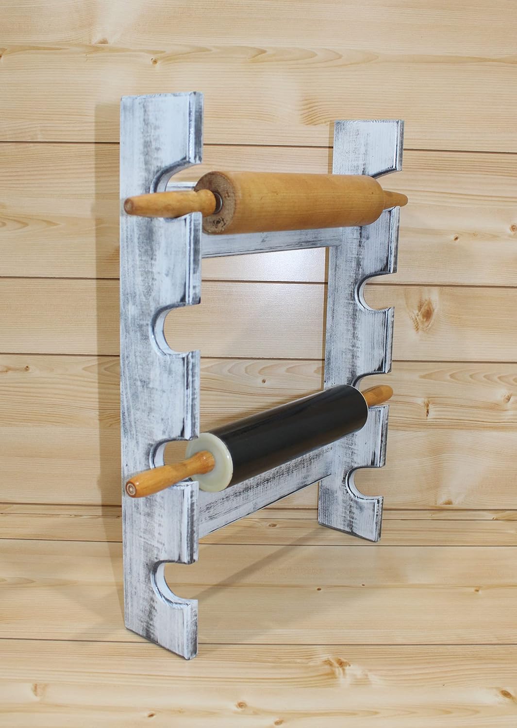 Wooden Rolling Pin Display Rack – Holds 4 Rolling Pins – Wall Mounted Storage for Bakers & Collectors – Antique White Color – Shabby Chic White & Black