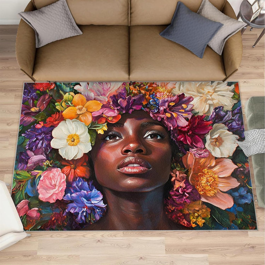 African Women Bedroom Rug, Flowers Area Rug, Home Decor Carpet for Sofa Under Living Room Floor Mat 6x8