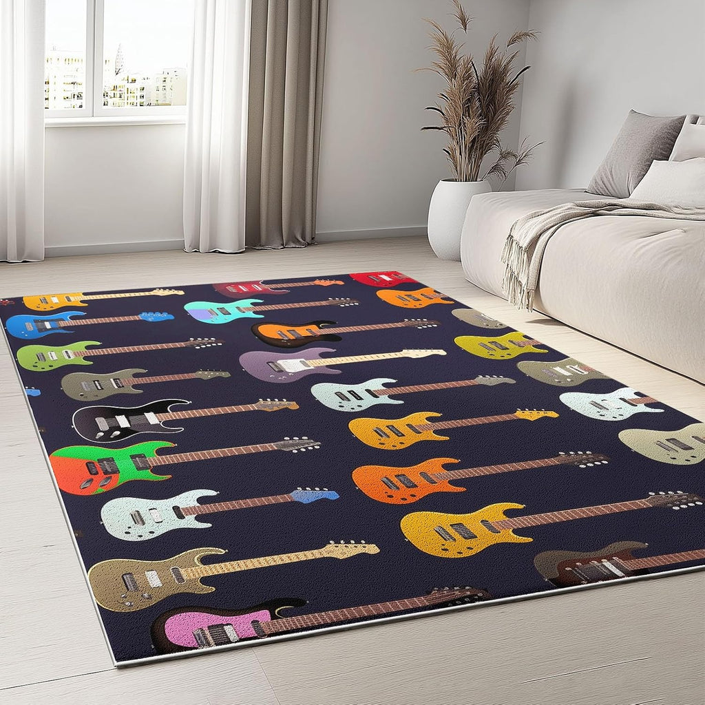 Area Rug Cartoon Color Guitar 6x9 ft Washable Rugs, Soft Non-Slip Faux Wool Rug for Living Room, Bedroom, Farmhouse, Dining Room, Office, Home Decor Carpet