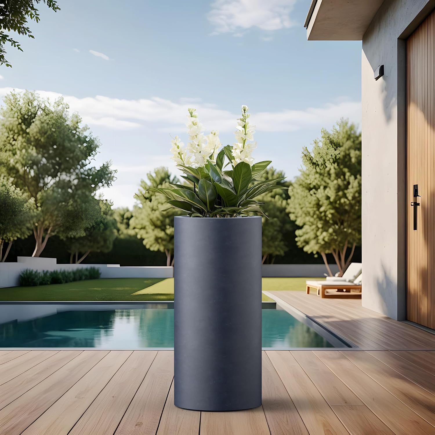 Kante 23.6 Inch Tall Cylindrical Planter, Large Round Plant Pots with Drainage Hole, Made with Concrete, Suitable for Indoor Outdoor Plants, Home Decor, Charcoal