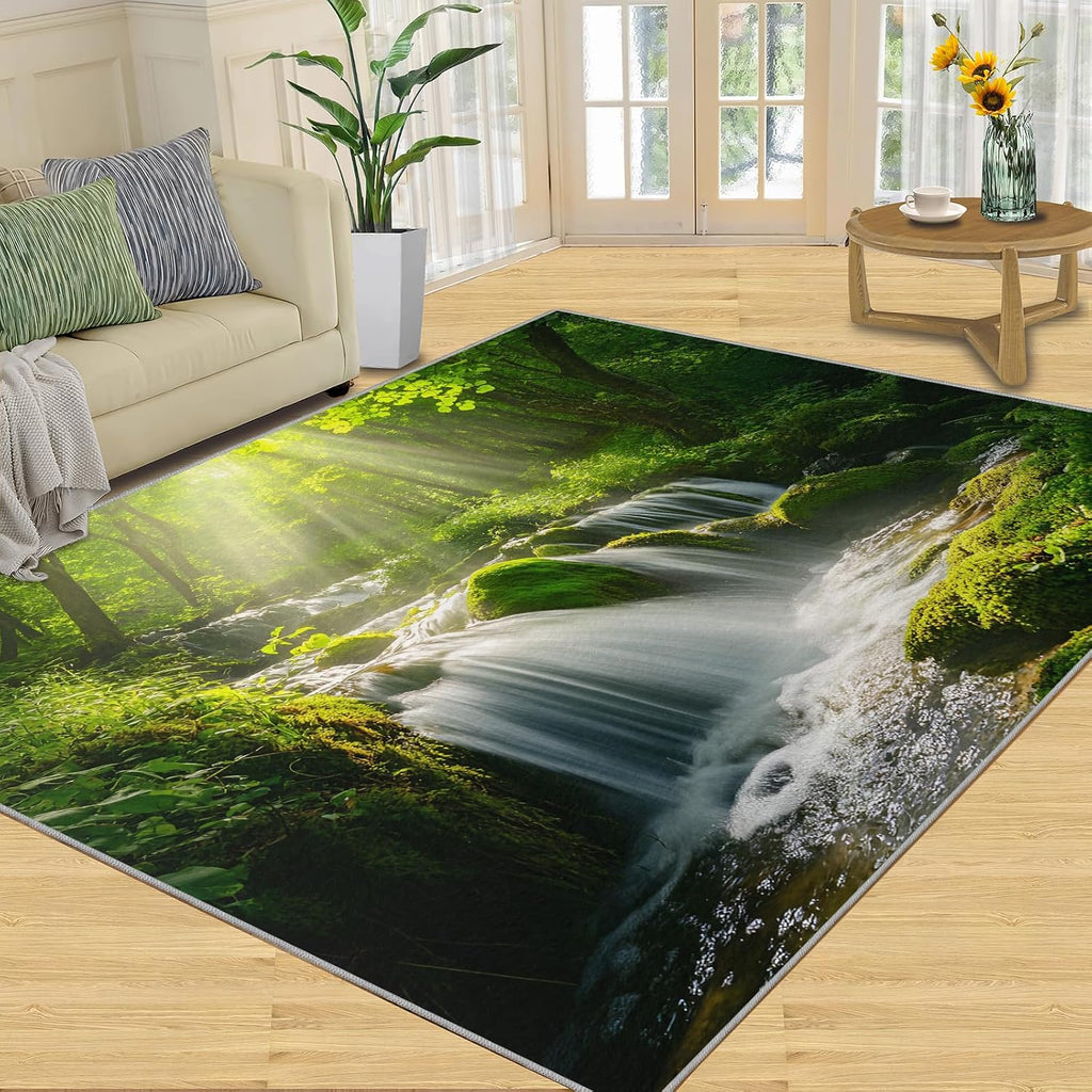 Forest Rug 6x8-6x8 Rug, Waterfall Area Rugs for Bedroom, Green Jungle Rugs for Living Room, Natural Scenery Washable Carpet, Forest Home Decor & Gifts