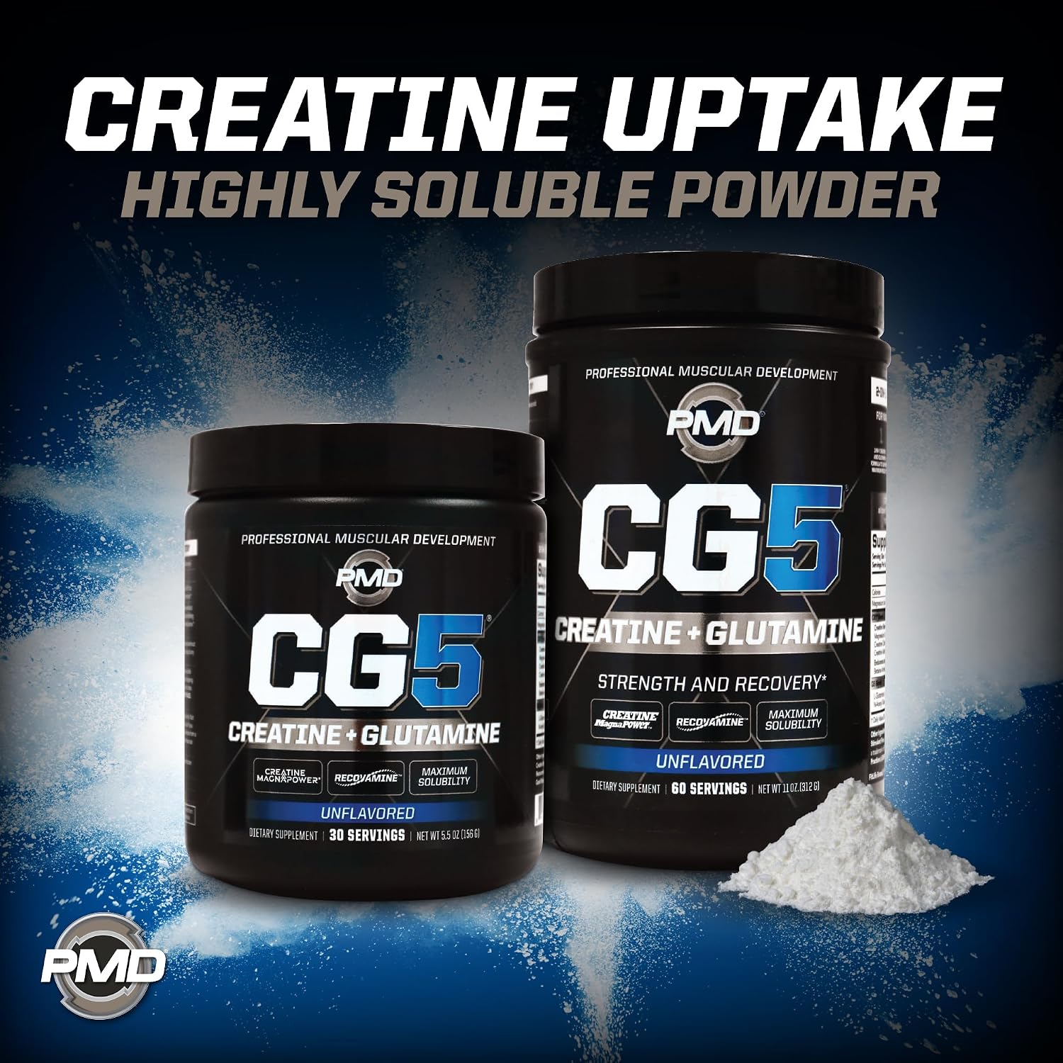 PMD Sports CG5 Premium Creatine & L Glutamine Powder, Power Recovery, Build Lean Muscle, Increase Workout Performance, Maximum Strength Pre Workout & Post Workout, Unflavored, 60 Servings (Pack of 2)