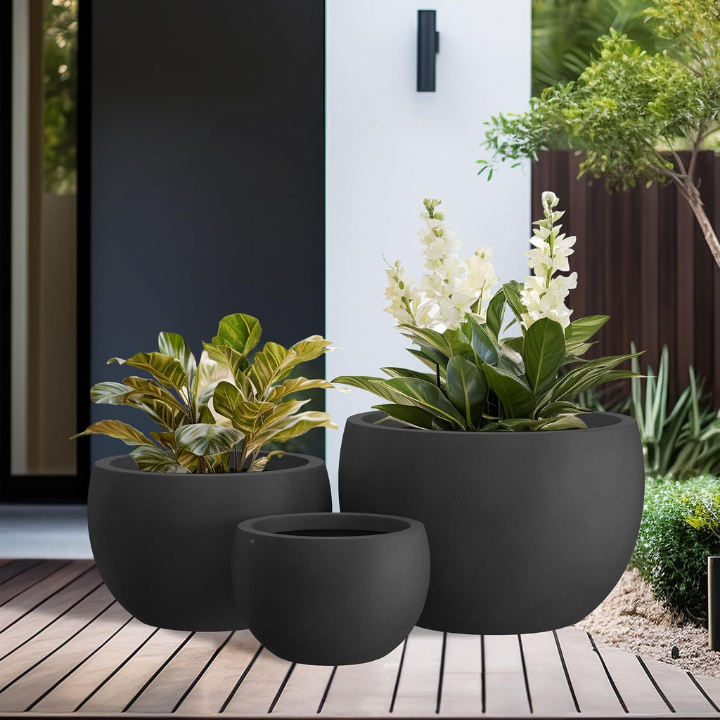 Kante 19.9',15.7',11.8' Dia Round Concrete Planter Set of 3, Outdoor/Indoor Large Bowl Plant Pots with Drainage Hole and Rubber Plug for Garden Patio Balcony Home, Black