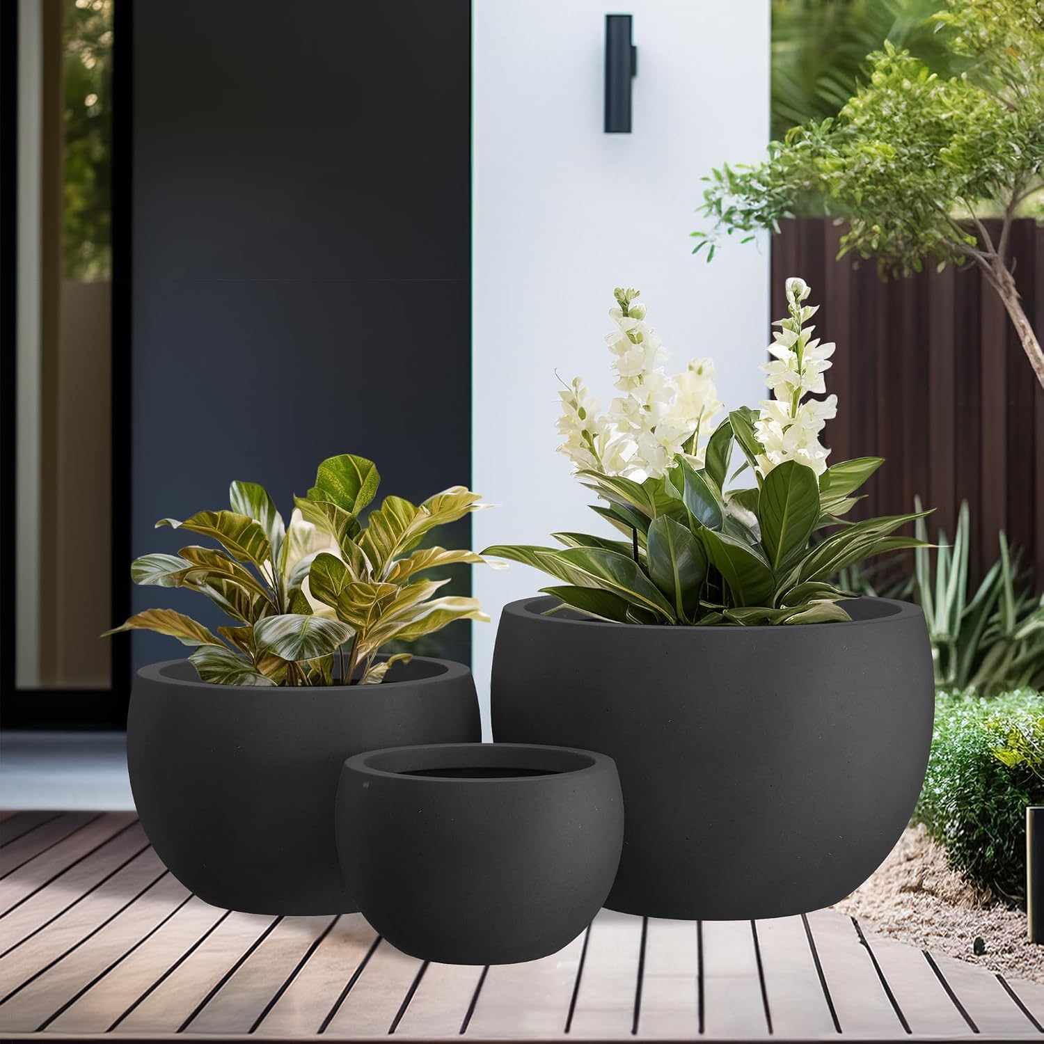 Kante 19.9',15.7',11.8' Dia Round Concrete Planter Set of 3, Outdoor/Indoor Large Bowl Plant Pots with Drainage Hole and Rubber Plug for Garden Patio Balcony Home, Black