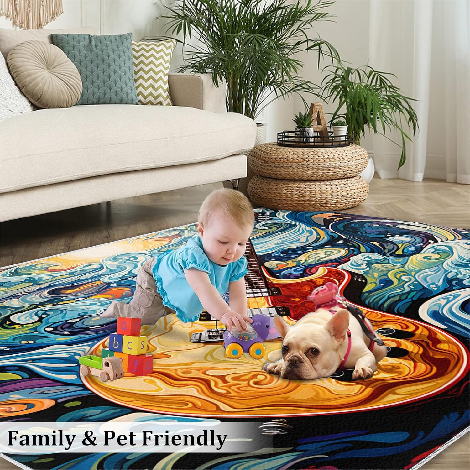 Music Guitar Rug for Bedroom - Music Area Rug - Guitar Lover Rugs for Living Room, Non-Slip Low Pile Carpet for Classroom Recording Studio Band 6x8ft