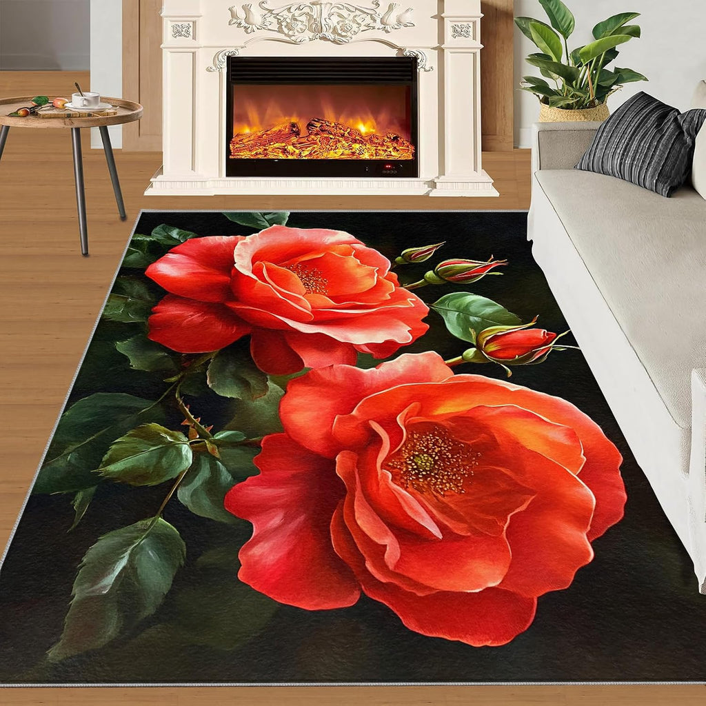 Floral Rugs for Bedroom - 6x8 Rug, Red Flower Area Rugs for Living Room, Flower Carpet, Black and Red Washable Area Mat, Aesthetic Carpet, Floral Home Decor & Gifts