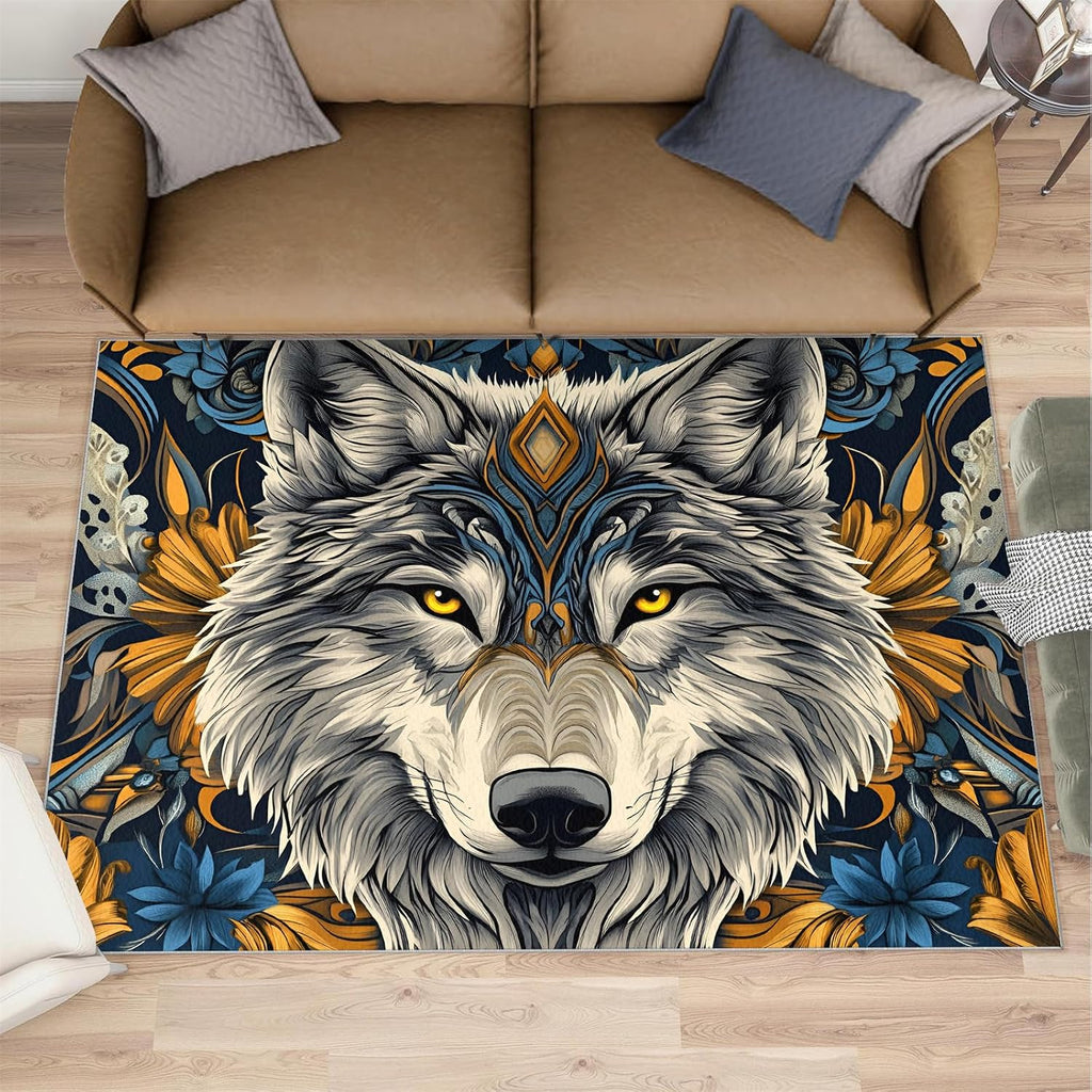 Wolf Rug 6x8-6x8 Rug, Wildlife Area Rugs for Bedroom, Viking Rugs for Living Room, Wild Animal Washable Mat, Teen Boys Carpet, Wild Wolf Home Decor & Gifts