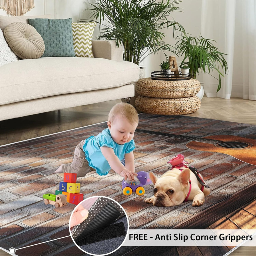 Guitar Rugs for Bedroom - 6x8 Rug, Music Area Rugs for Living Room, Brickwall Carpet, Boys Washable Mat, Guitar Home Decor & Gifts