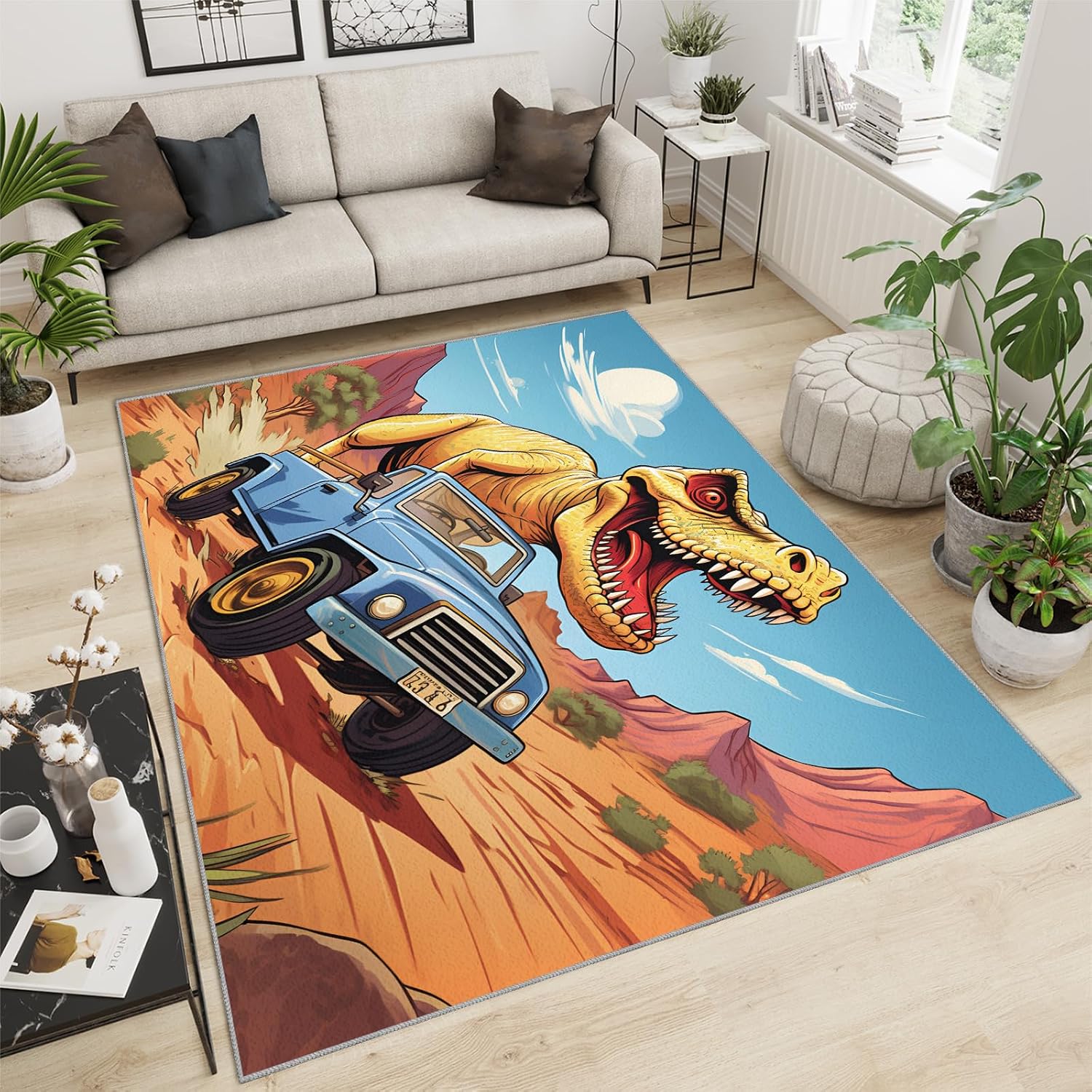 Dinosaur Rug for Kids Room - 6x8 Large Rug, Cartoon Monster Truck Rugs for Bedroom Cartoon Scene Truck Dinosaur Area Rugs for Living Room Home Decor Washable Rug