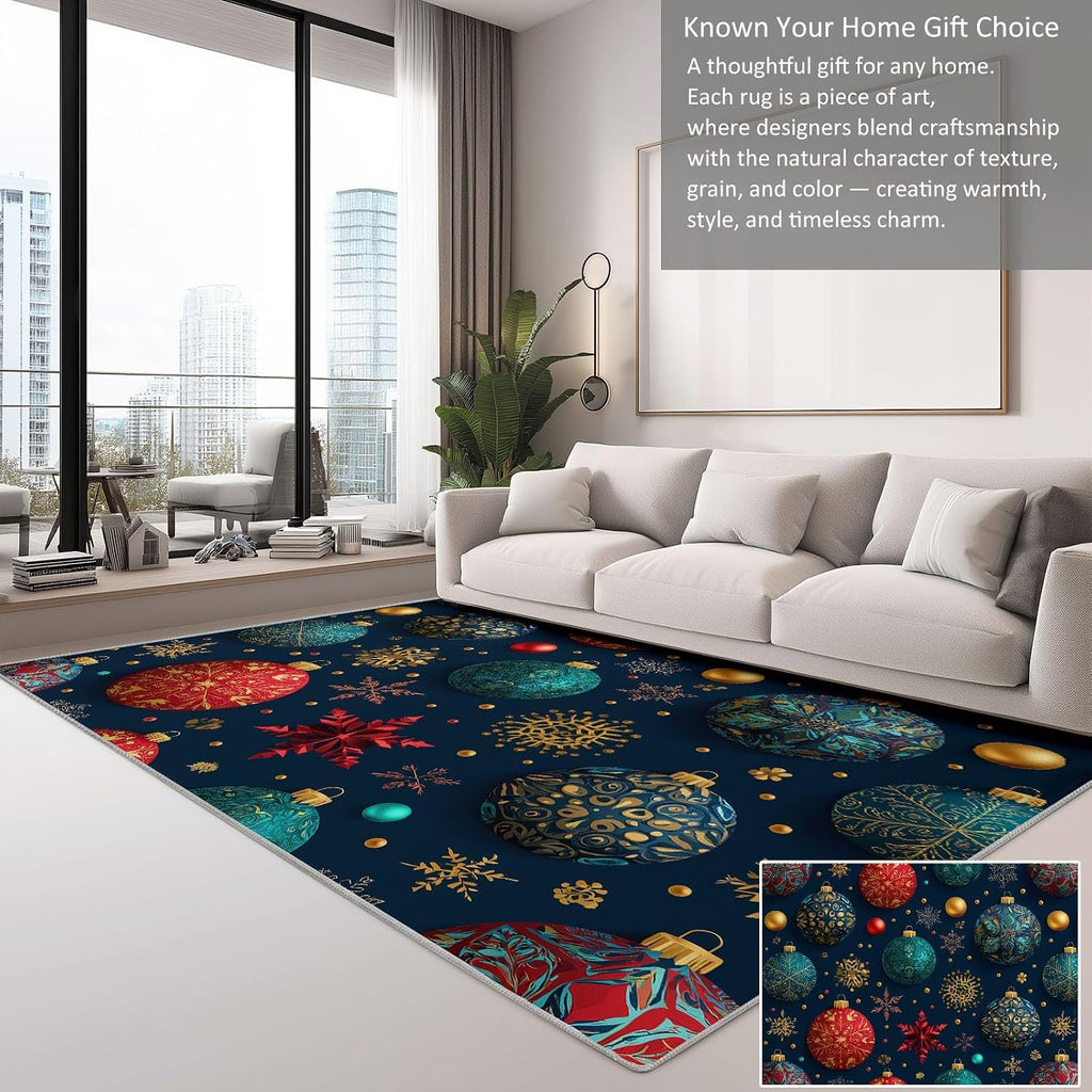 5' x 7' Rugs Living Room Christmas Area Rug Bedroom, Non Slip Durable Large Floor Carpet Geometric Turquoise Spheres Snowflakes Indoor Carpet Washable for Dining Room Kitchen Kids Playroom Dorm