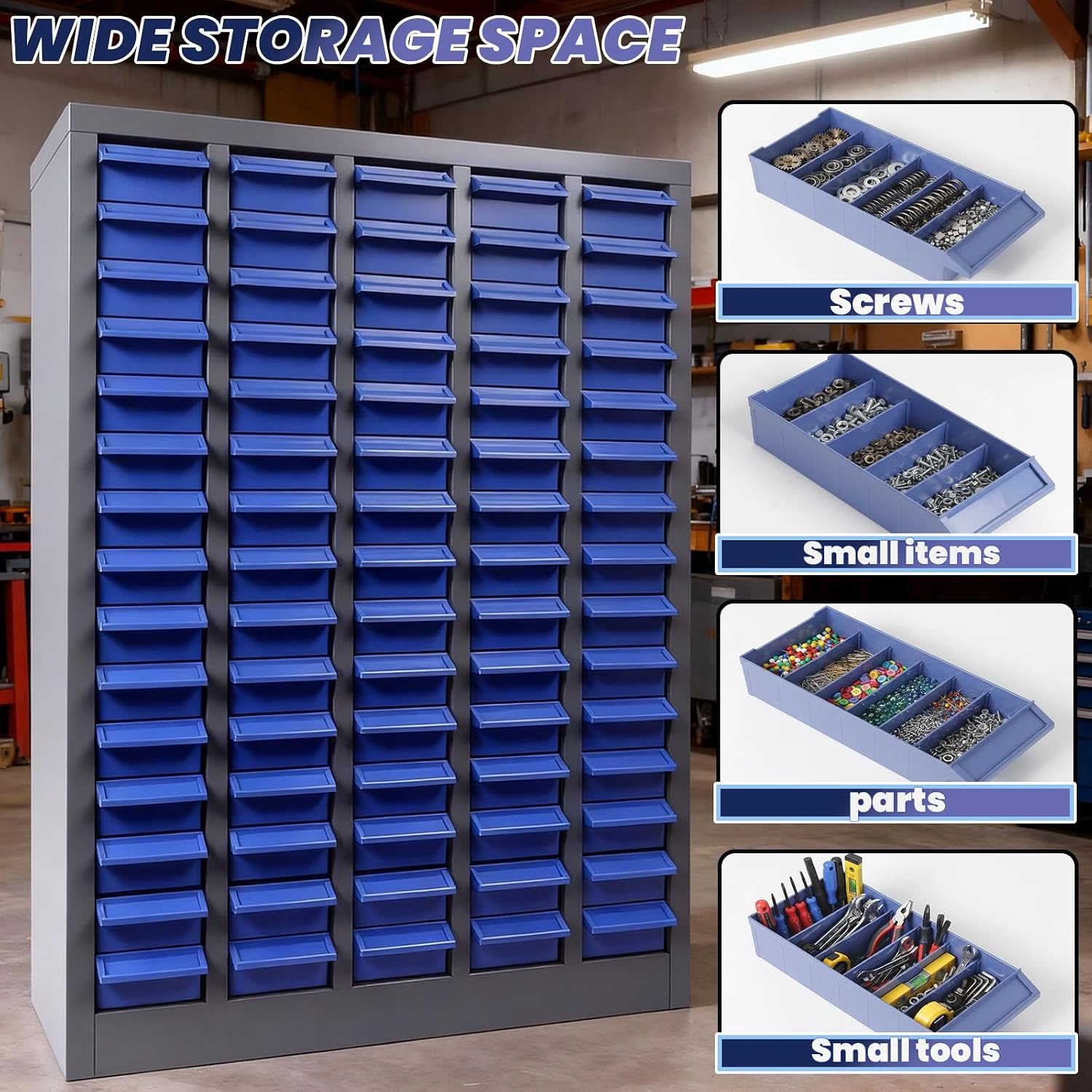 75 Drawers Small Parts Organizer Cabinet, 35' H x 26' D x 9' W Stainless Steel Large Parts Cabinet - Adjustable Shelves & Label, ABS Drawers for Home Office Workshop Laboratory Nut and Bolt Organizer