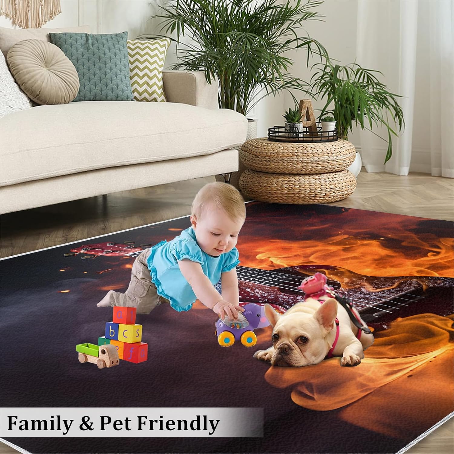 Flame Guitar Area Rug 8x10ft Rock Band Rugs for Boy Room, Cool Electric Guitar Kids Rug, Non-Slip Low Pile Carpet for Music Lovers Bedroom Band Music Room Recording Studio