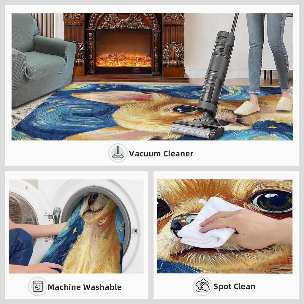 Dog Area Rug Large - 6x8 Rug, Blue Starry Night Rugs for Living Room, Animal Carpet, Impressionism Washable Area Rugs for Bedroom, Art Carpet, Dog Home Decor