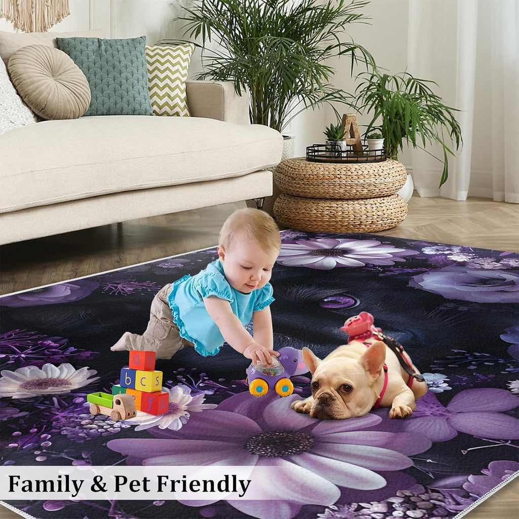 Black Cat Rug for Kids Room - 6x8 Large Rug, 3D Purple Eyes Cat Kitten Rugs for Bedroom Beautiful Flower Area Rugs for Living Room Home Decor Washable Rug