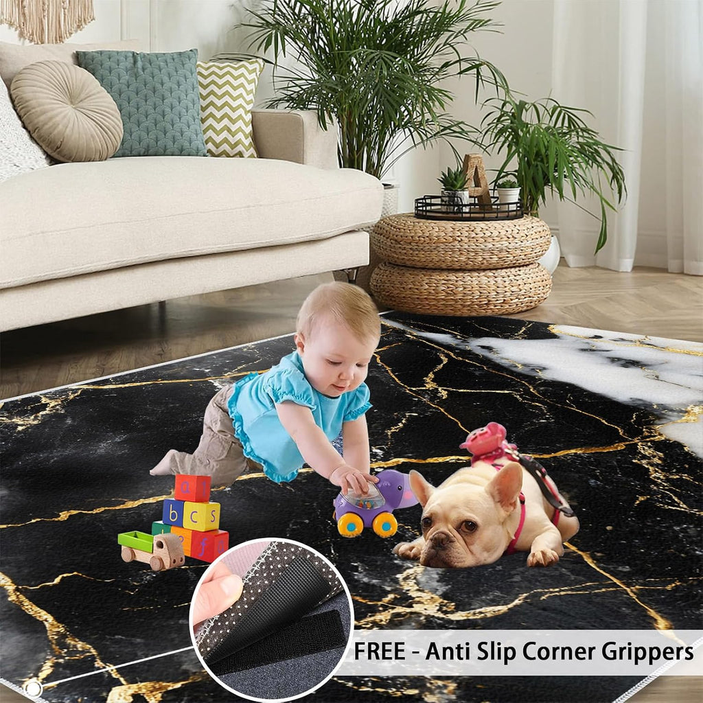Marble Area Rug 6x8 - Black Gold Marble Large Rugs for Living Room, Luxury Abstract Carpet Area Rug for Girls Bedroom Kids Room Basement Office Classroom