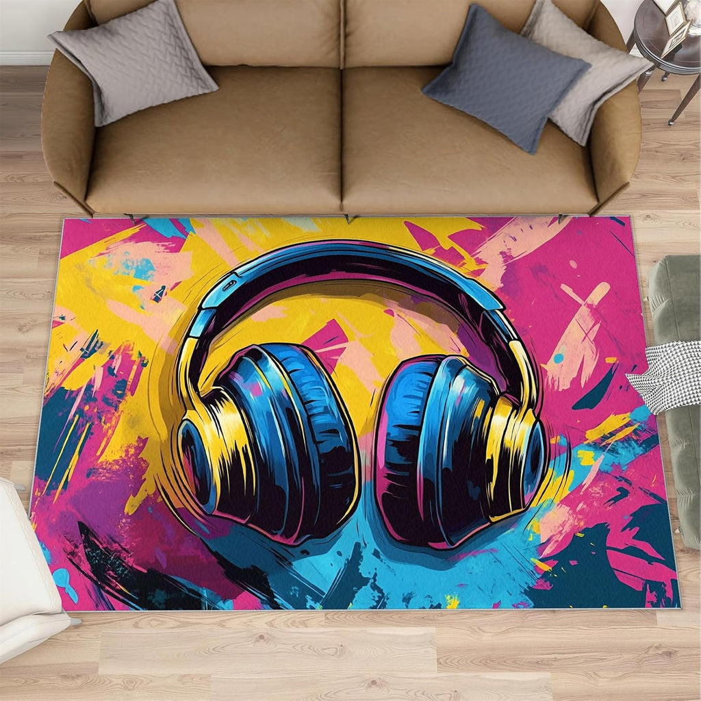 Graffiti Rug 6x8, Music Rugs for Bedroom, Earphone Area Rug, Home Decor Rugs for Living Room, Non-Slip Machine Washable Carpet