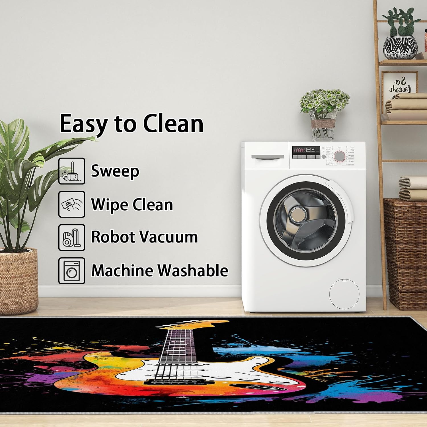Guitar Rugs for Music Room - 5x7 Area Rugs, Graffiti Rug, Rock and Roll Rug for Living Room, Boys Music Hip Hop Washable Bedroom Carpet, Electric Guitar Home Decor & Gifts