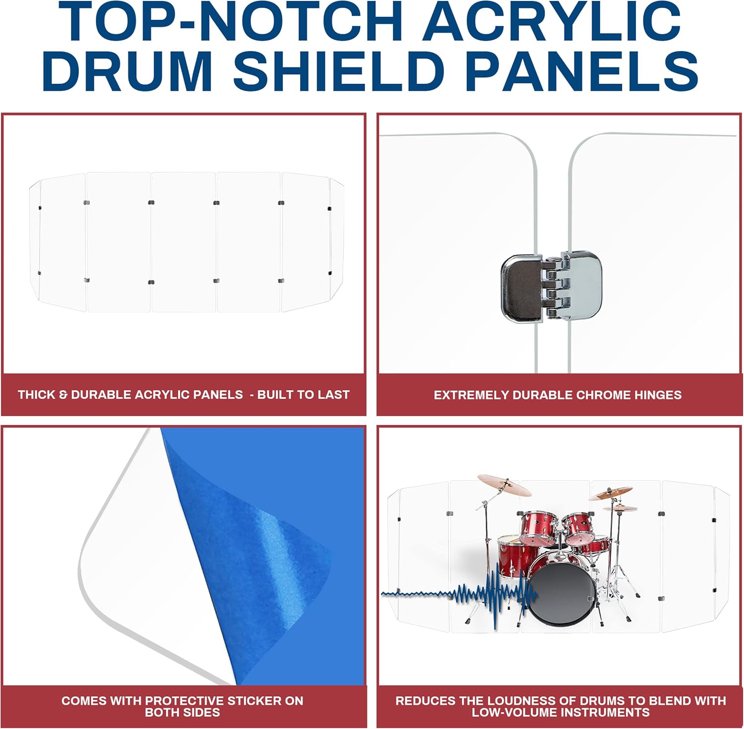 PENNZONI Drum Shield 4ft w/Chrome Hinges, Comes w/ 7 Drum Panels, & 12 Chrome Hinges, Premium Clear Acrylic Panels, Drum Screen