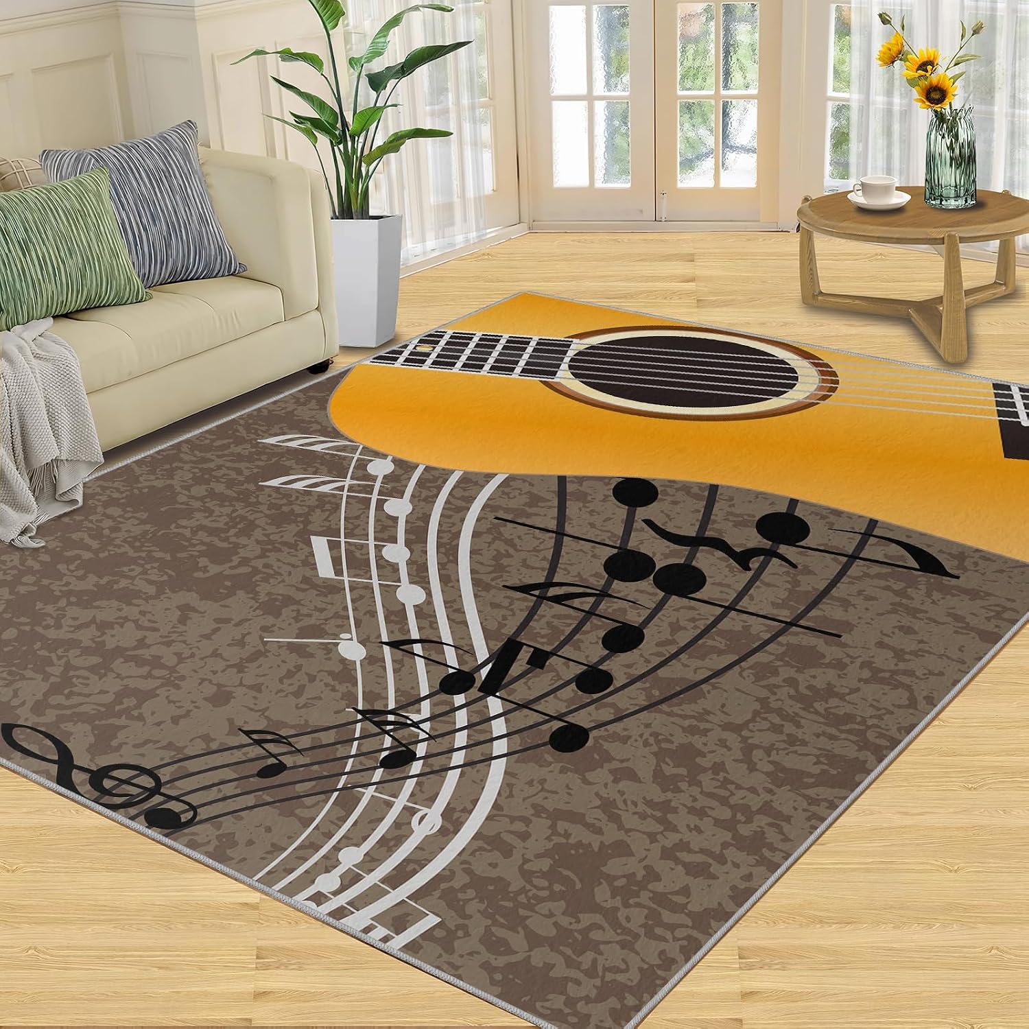 Rugs 7x9 Yellow Guitar Art Soft Washable Carpet, Yellow Guitar Music Upholstery Rug with Non-Slip Backing for Kids Boys Girls Bedroom Living Room Dining Room Study
