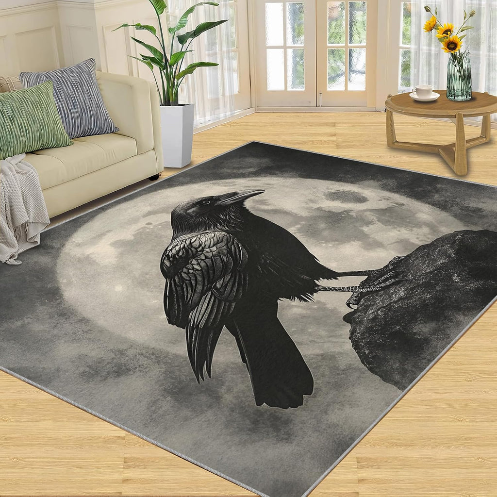 Black and White Rug - Large Rug 6x8 - Crow Rugs for Living Room - Soft & Non Slip & Washable Rugs for Bedroom, Full Moon Carpets for Dining Room Lounge Girls Room