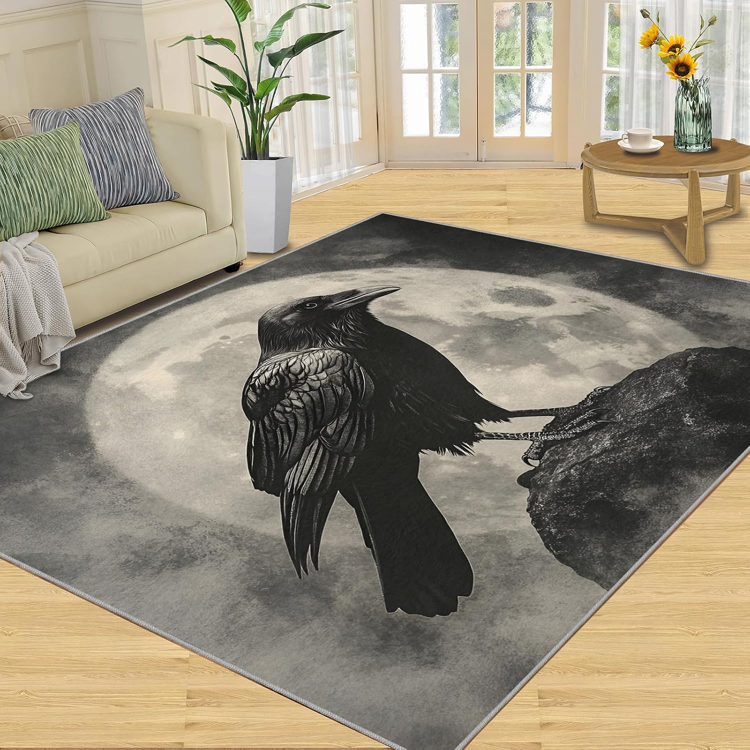 Black and White Rug - Large Rug 6x8 - Crow Rugs for Living Room - Soft & Non Slip & Washable Rugs for Bedroom, Full Moon Carpets for Dining Room Lounge Girls Room