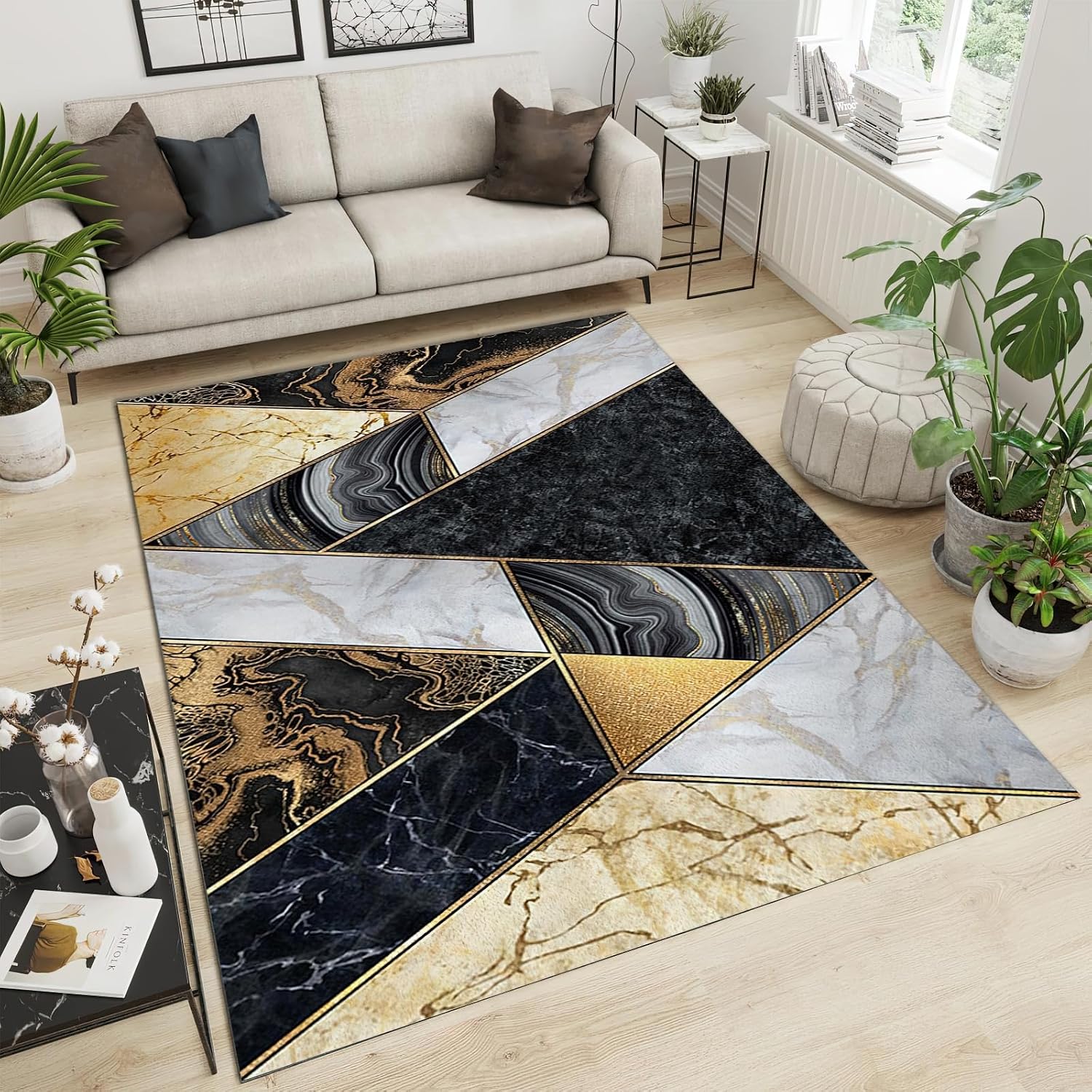 Black Gold Marble Area Rug, Modern Luxury Marble Indoor Non Slip Throw Accent Rug, Machine Washable Breathable Durable Carpet for Front Entrance Floor Decor - 5 ft x 7 ft, Style-12