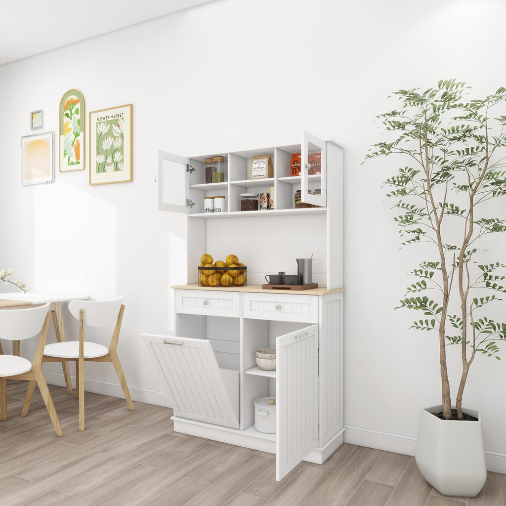 68' 3-Adjustable-Shelf Freestanding Storage Cabinet, Kitchen Storage Bakers Rack with Trash Cabinet, Utility Food Cupboard for Home, White
