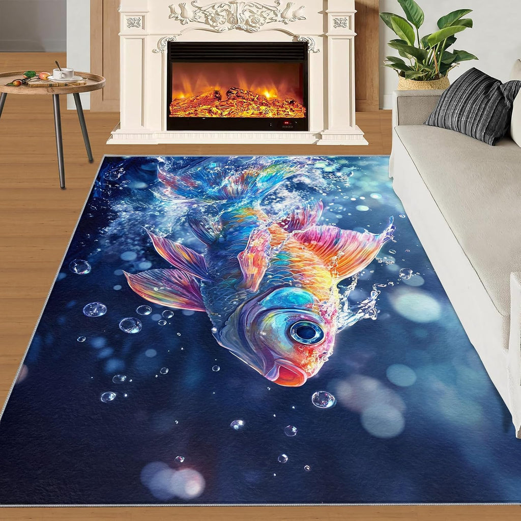 Fish Rugs for Bedroom, Goldfish Rug 6x8, Aquatic Animals Dining Room Rugs Washable & Non Slip Large Carpet for Home Decor