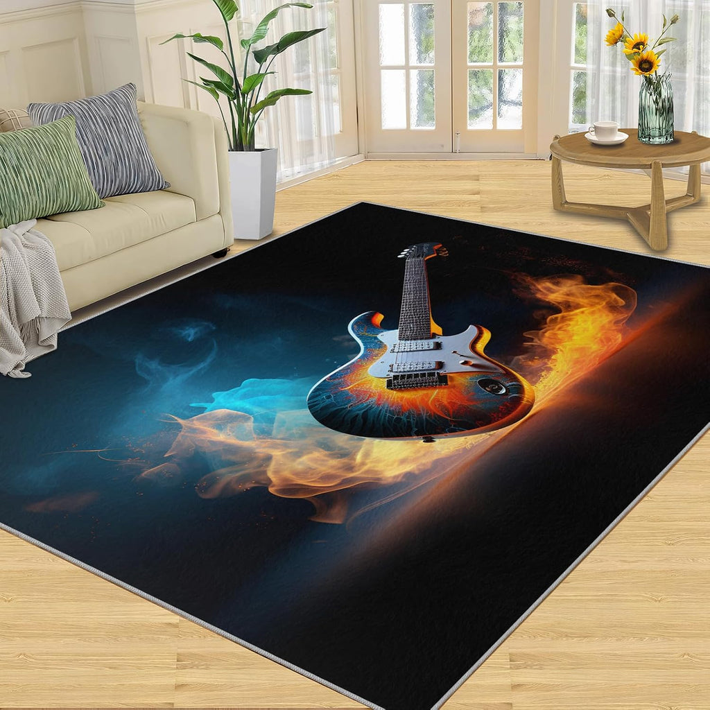 Guitar Rugs for Music Room - Music Rug, 6x8 Rug, Boys Musical Washable Rugs for Living Room Bedroom, Burning Area Rug, Rock and Roll Carpet - Home Decor, Electric Guitars Gifts for Men