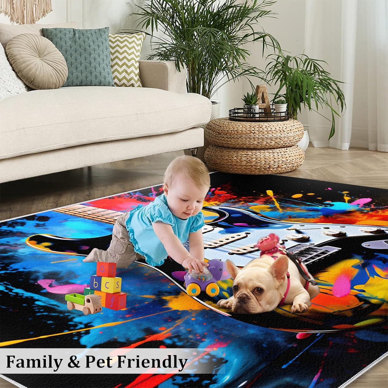 Music Guitar Rug for Bedroom - Music Area Rug - Guitar Lover Rugs for Living Room, Non-Slip Low Pile Carpet for Classroom Recording Studio Band 5x7ft