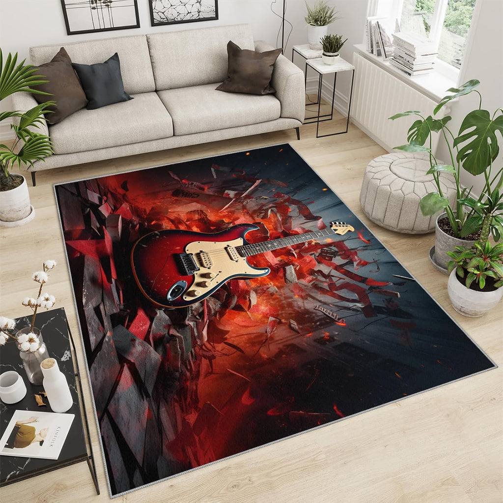 Guitar Home Decor Area Rug - Cool Guitar Bedroom Rug - Music Lover Living Room Rugs - Non-Slip Low Pile Carpet for Kids Room Band Recording Studio 6x8ft