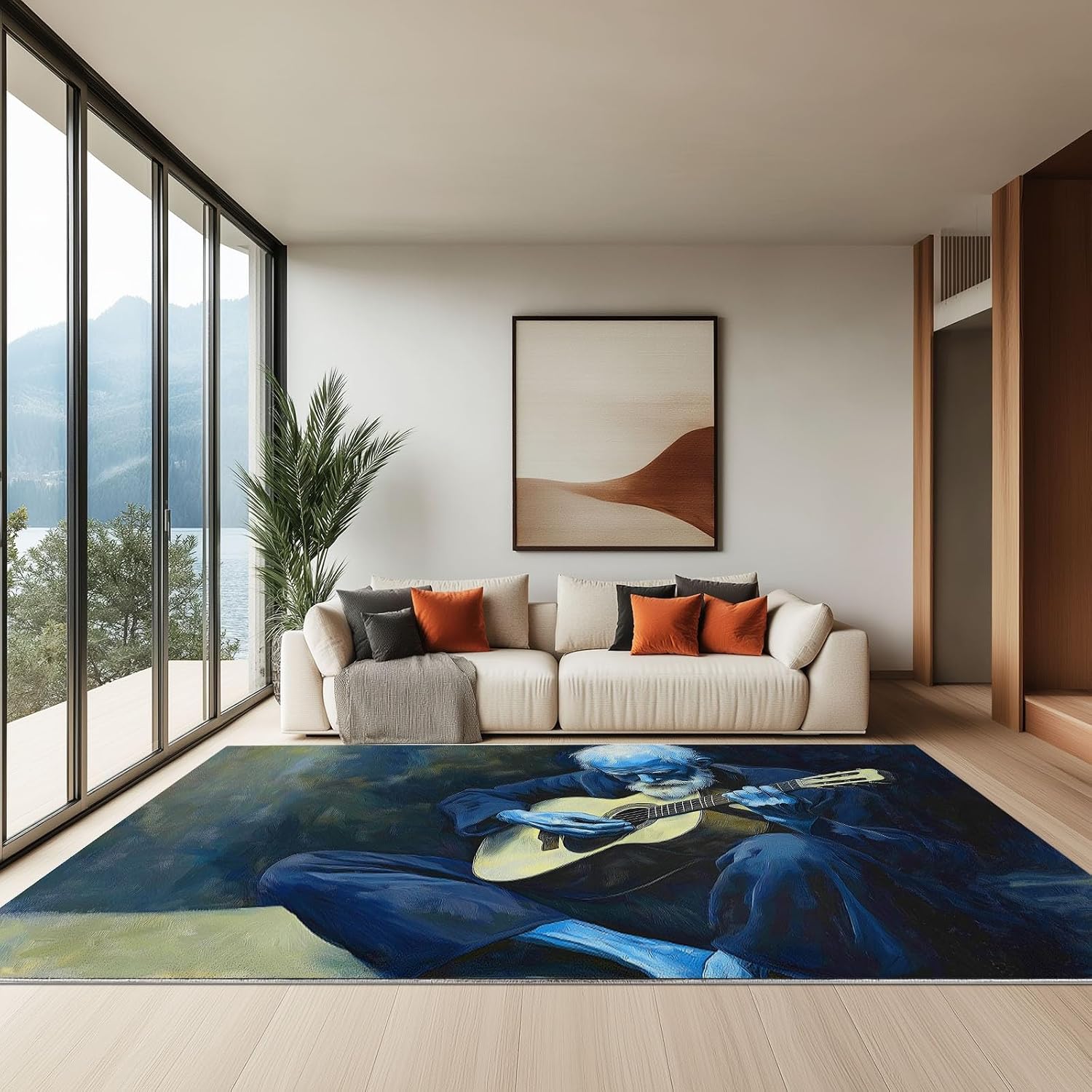 Area Rug for Living Room 6x8 ft Old Man Guitar Washable Soft Area Rugs Non-Slip Stain Resistant Indoor Floor Low Pile Carpet, for Bedroom Dining Room Home Office