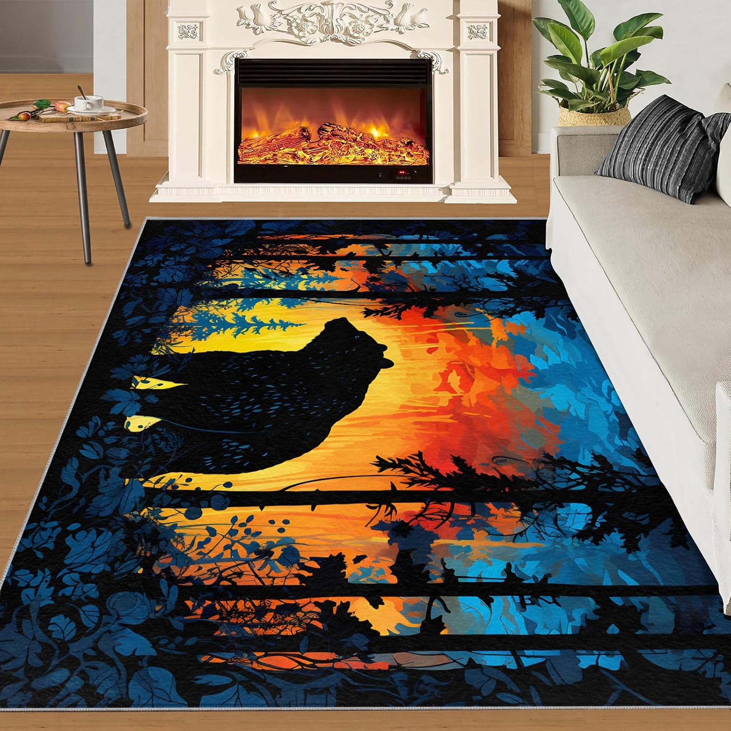 Bear Rug for Kids Room - 6x8 Large Rug, Fire and Ice Forest Rugs for Bedroom Nature Jungle Wild Animals Area Rugs for Living Room Home Decor Washable Rug