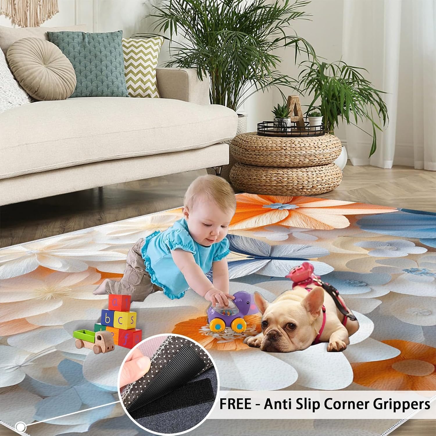 Flowers Rug 6x8, Butterfly Rugs for Bedroom, Relief Flowers Rugs for Living Room, Washable Area Rug for Boys Girls Room, Non Slip & Low Pile Carpet